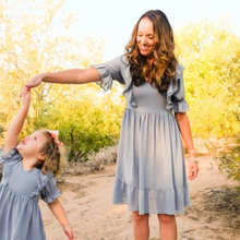 Load image into Gallery viewer, Mommy and Me Matching Dress featuring chiffon fabric in a dusty blue color