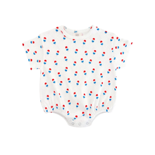 Load image into Gallery viewer, Pointelle baby bubble romper with with red, white, and blue "bomb pop" popsicle all over print, on a white background