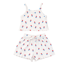 Load image into Gallery viewer, A baby girl cotton pointelle, 2 piece outfit, featuring a popsicle print, on a white background.