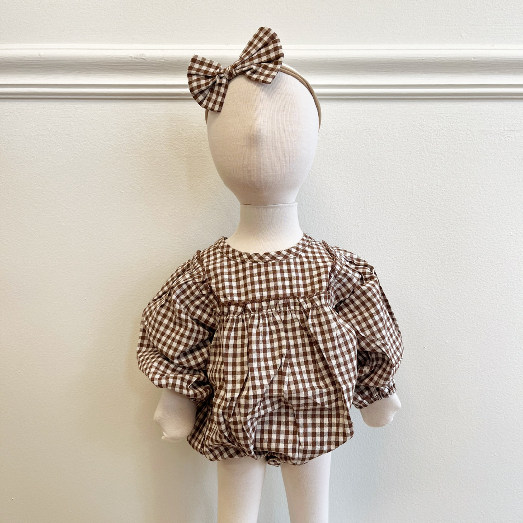 Gingham Bubble Romper - Cocoa