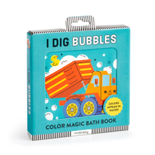 Load image into Gallery viewer, The packaging of the 'I Dig Bubbles' Color Magic Bath Book by Mudpuppy, featuring a bright turquoise cover with a cartoon dump truck illustration and a yellow duck.