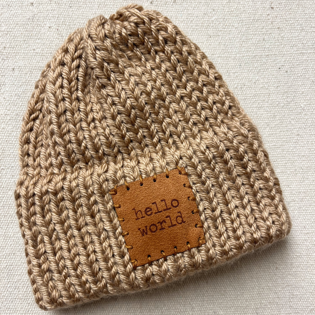 'Hello World' Knit Beanie Hat - Brown