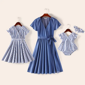 Blue V Neck Dress with Bow - Adult