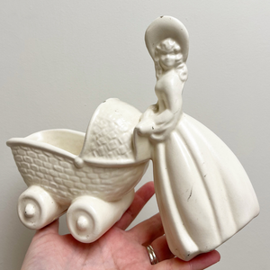 White Ceramic Mother and Baby Carriage Planter