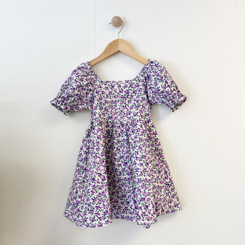 Puffy Sleeve Floral Dress - Purple