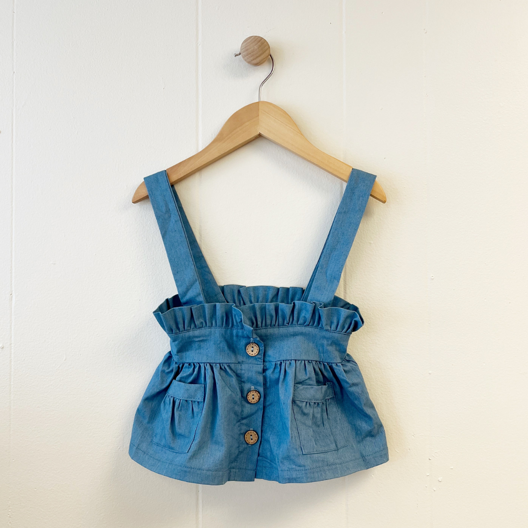 Button Front Skirt with Suspenders - Light Denim