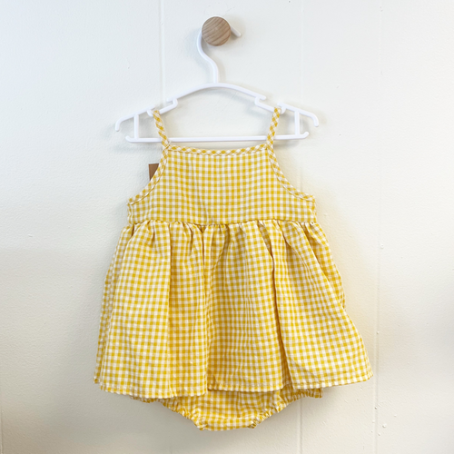 Gingham Romper with Attached Skirt - Yellow