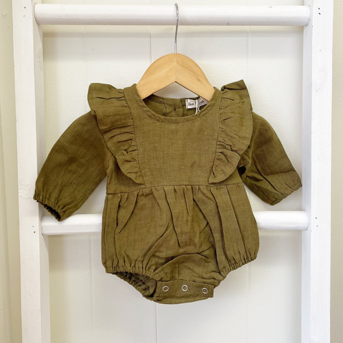Long Sleeve Romper with Bow - Olive