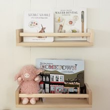 Load image into Gallery viewer, Wooden shelves with books and a plush toy on a light background