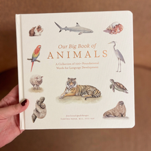 Load image into Gallery viewer, Book titled 'Our Big Book of Animals' held by a hand on a brown background