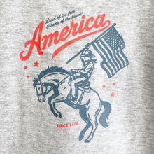 Load image into Gallery viewer, Close up of a gray toddler t-shirt with graphic of a cowboy on horseback holding an American flag, text 'Land of the free &amp; home of the brave America Since 1776'.