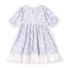 Load image into Gallery viewer, Blue floral dress with whiteeyelet ruffle trim on a white background