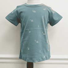 Load image into Gallery viewer, Teal (Laguna color) t-shirt with small white golf cart and golf flag patterns on a mannequin against a plain background