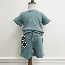 Load image into Gallery viewer, Children's teal golf theme outfit with shorts and a shirt on a mannequin against a white background