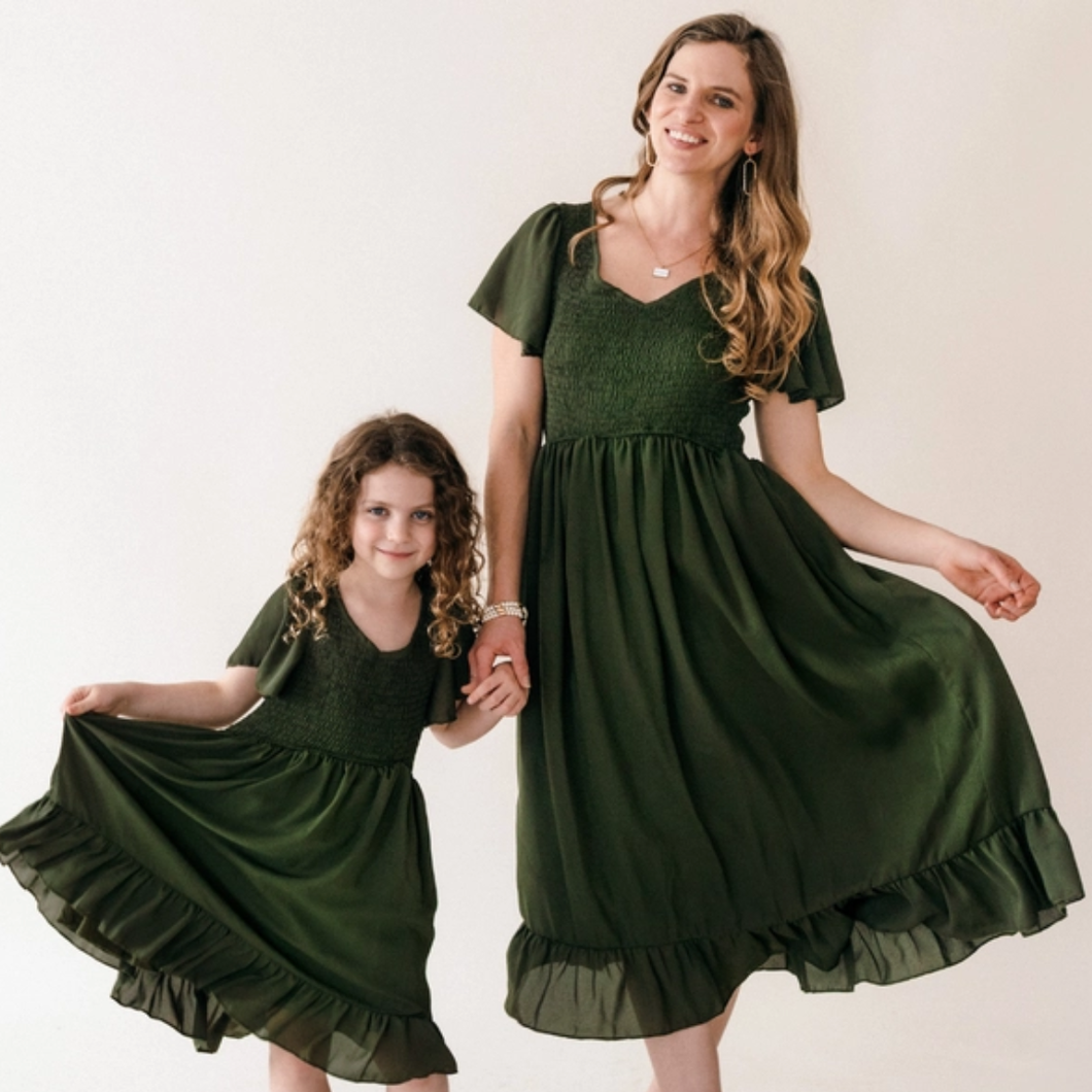 mommy and me green dresses Dark Dress casual daughter mommy and me outfits