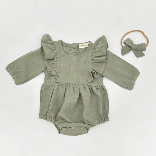 Long Sleeve Romper with Bow - Mint