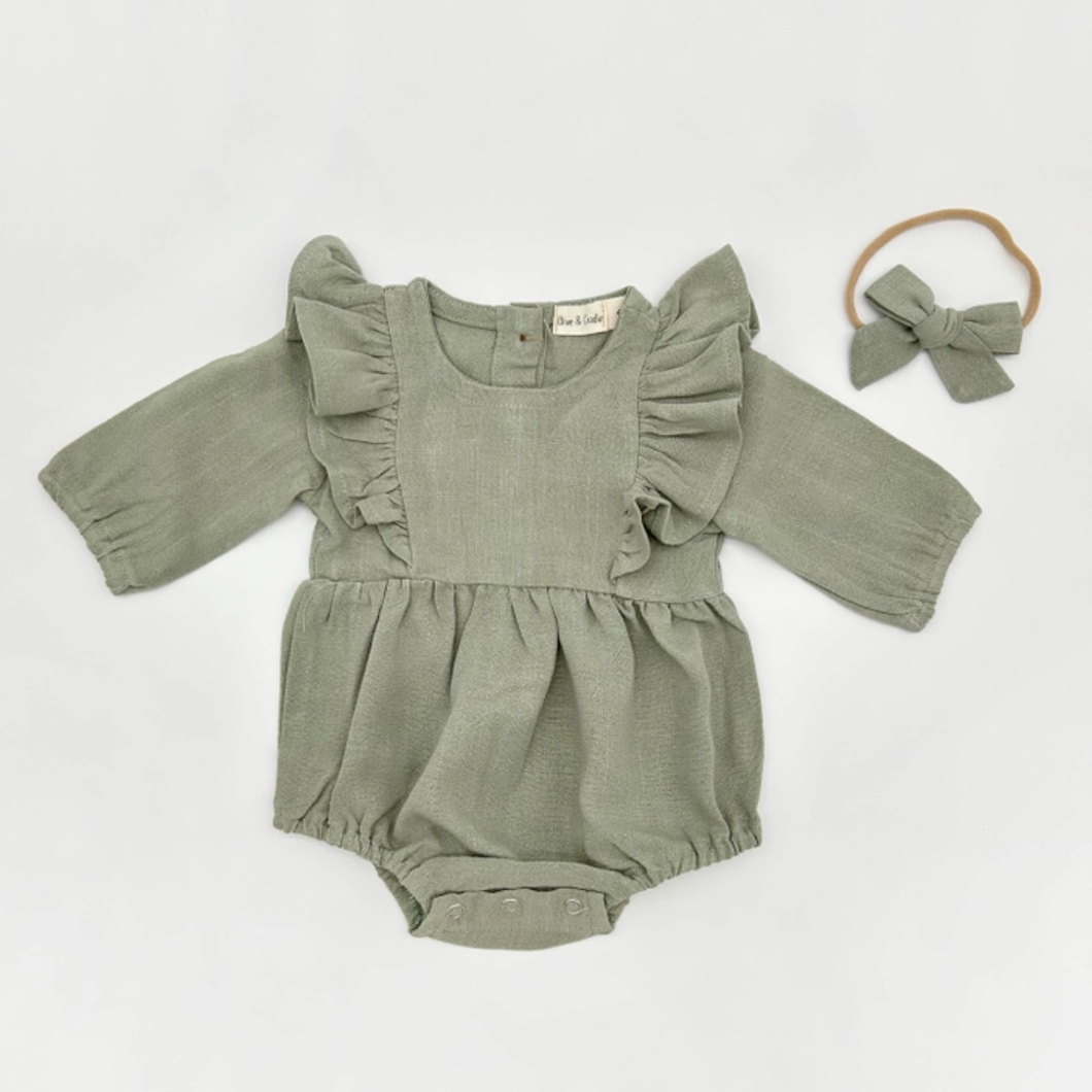 Long Sleeve Romper with Bow - Mint