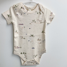 Load image into Gallery viewer, Organic cotton baby bodysuit with lake print held against a white background.