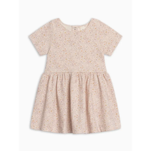 Load image into Gallery viewer, A short-sleeve baby dress in a light beige and pink floral print, featuring a smocked bodice and a gathered skirt, shown flat against a white background.