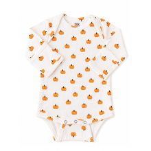 Load image into Gallery viewer, A long-sleeve baby bodysuit in white cotton pointelle fabric with an all-over orange pumpkin print, laid flat on a white background. The bodysuit features three silver snap buttons at the crotch as well as convertible sleeves.