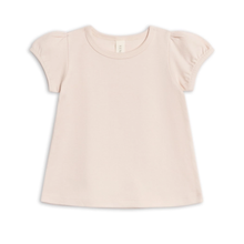 Load image into Gallery viewer, Organic cotton shirt, with a slightly tapered bottom and puff sleeve detail on a white background.