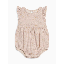 Load image into Gallery viewer, A baby girl's sleeveless romper in a light beige and pink floral print, featuring ruffled cap sleeves and a gathered waist.