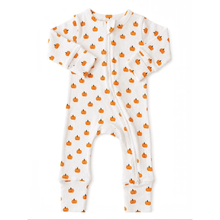 Load image into Gallery viewer, A baby one-piece, two-way zip sleeper features an all-over orange pumpkin print on white pointelle cotton fabric, featuring a front zipper closure.