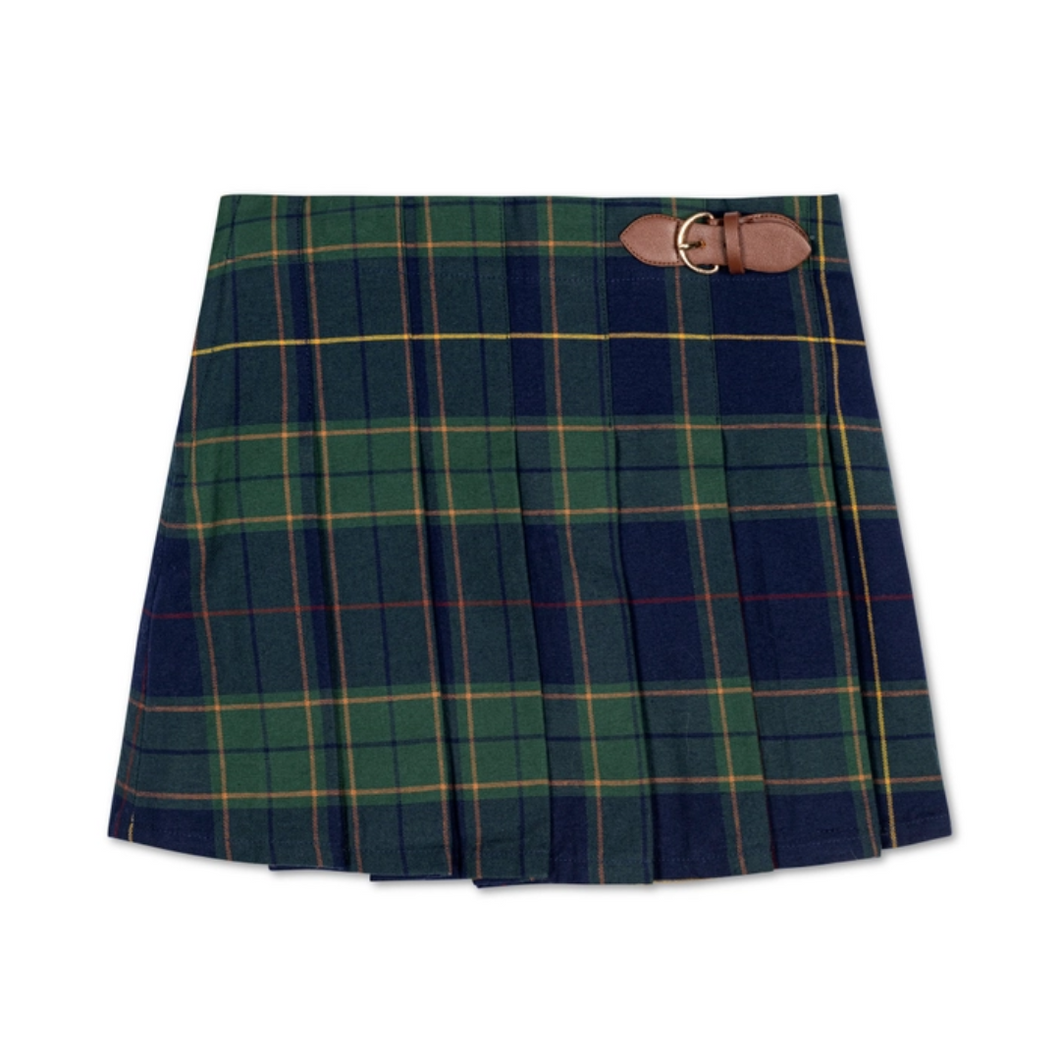 Pleated Plaid Skirt with Buckle