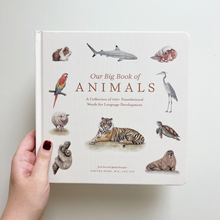 Load image into Gallery viewer, Book titled 'Our Big Book of Animals' held by a hand on a light background