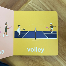 Load image into Gallery viewer, Illustration of people playing Pickleball on a book page with 'volley' text.
