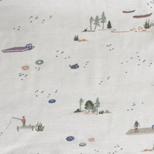 Load image into Gallery viewer, Close up of the delicate, all-over watercolor-style print of boats, sailboats, ships, fishermen, docks, small trees and other lake inspired graphics. 