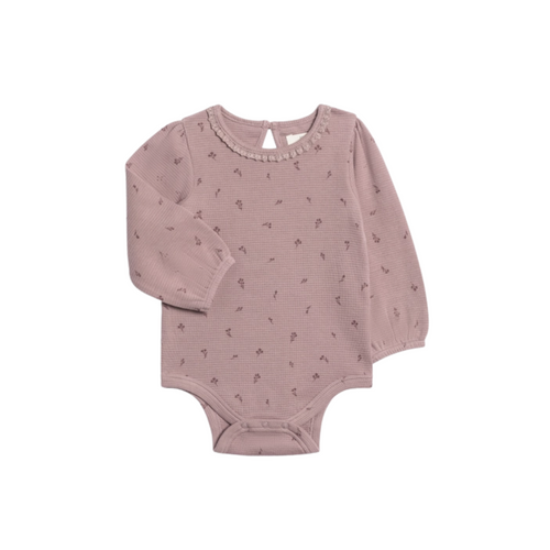 Waffle Knit Lace Neckline Bodysuit - Purple Floral
