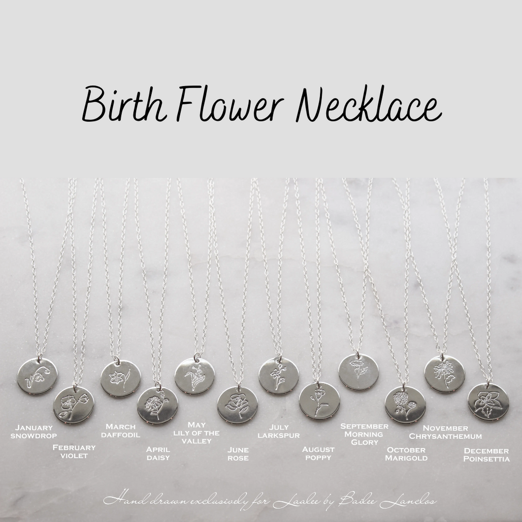 Birth Flower Necklace on a silver pendant with silver chain at Gracie Lou | A Boutique For Littles
