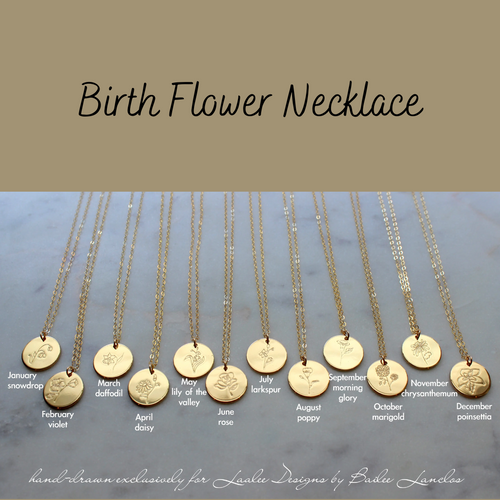 Birth Flower Pendant on a gold pendant with a gold chain at Gracie Lou | A Boutique For Littles