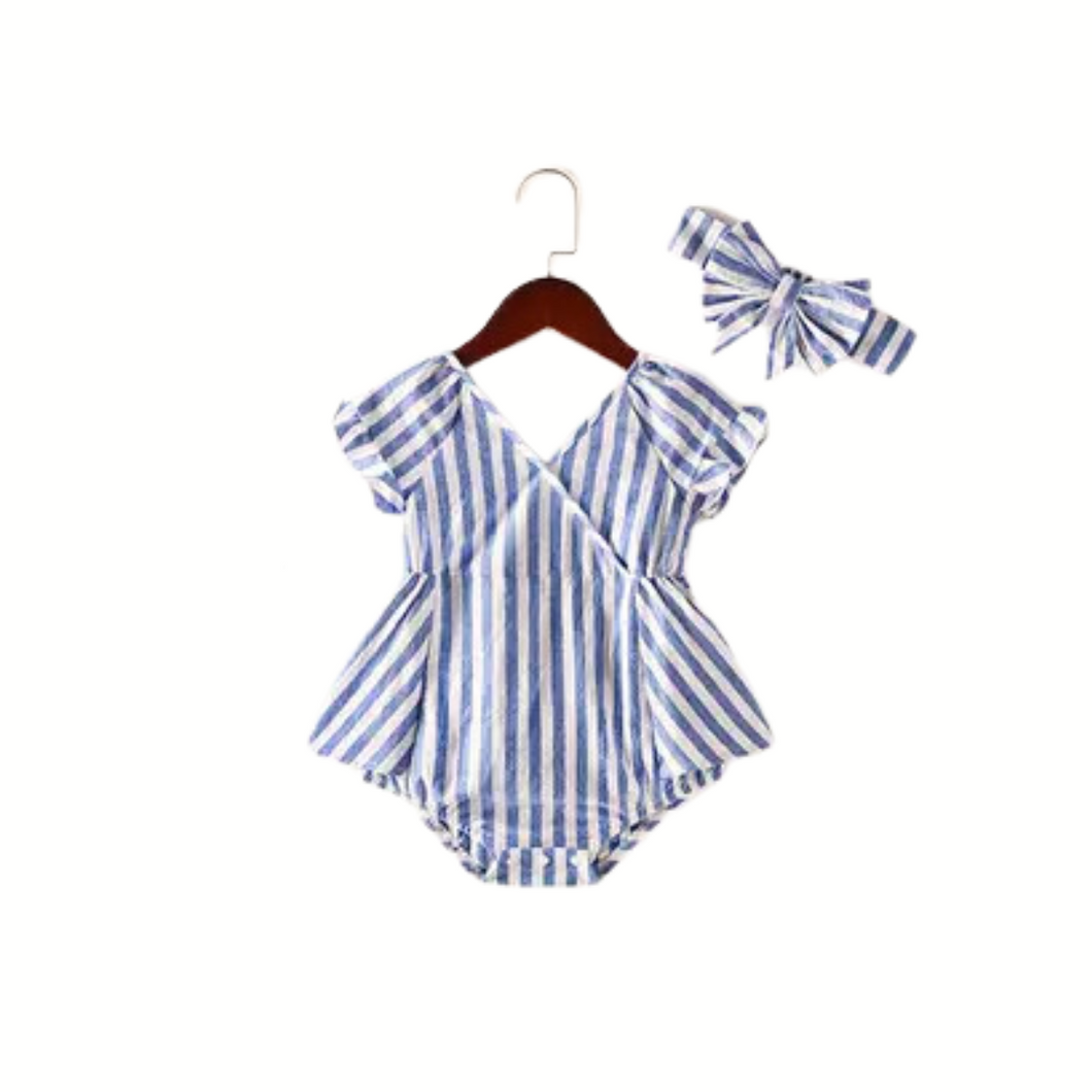 Blue and White Striped Romper and Headband - Baby