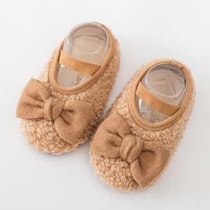 Fuzzy Shoes with Bow - Light Brown