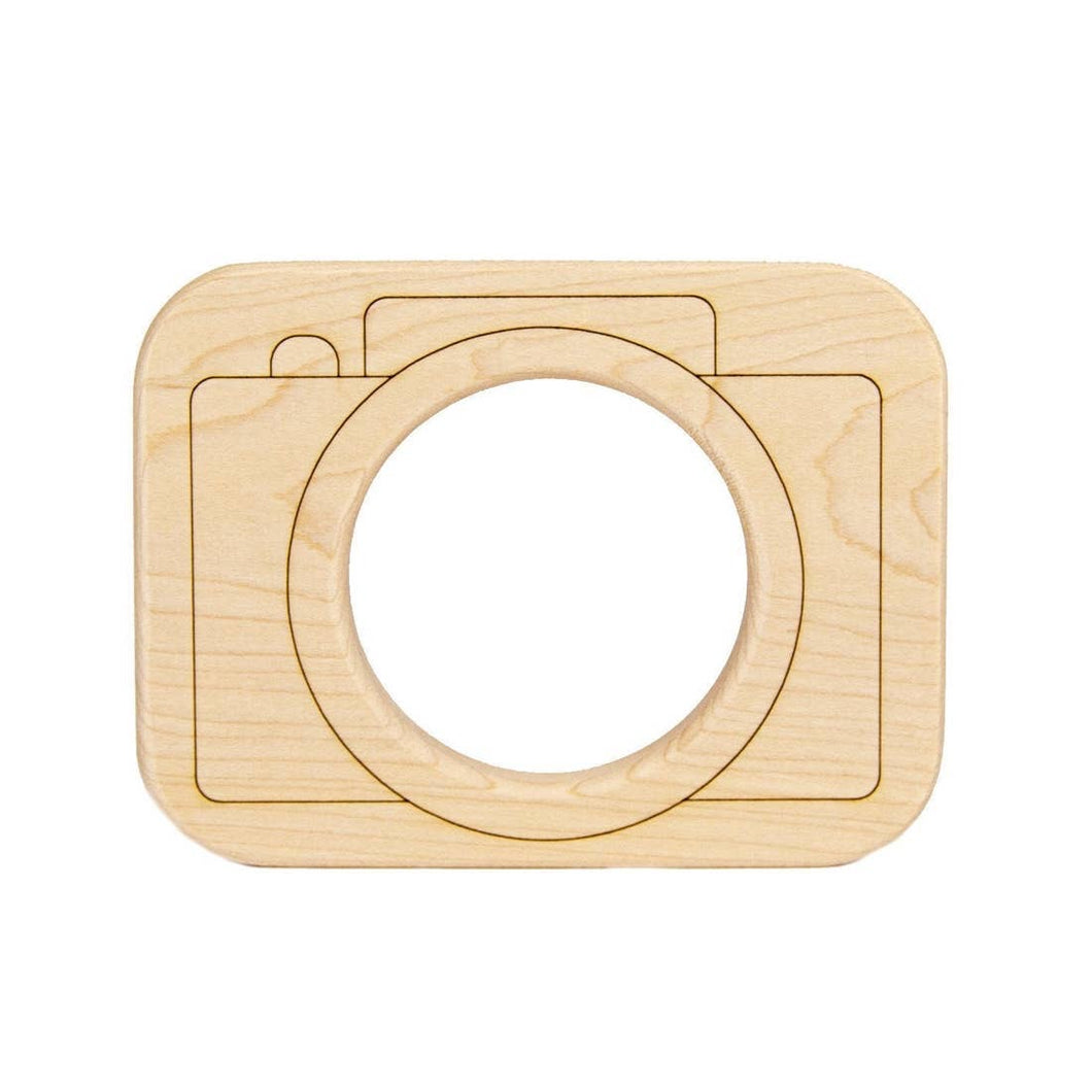 Wood Teether in the shape of a camera available at Gracie Lou | A Boutique For Littles