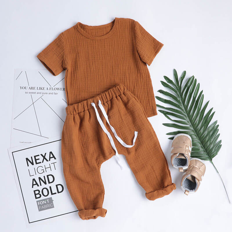 Short Sleeve and Pants - Linen Style Set - Brown