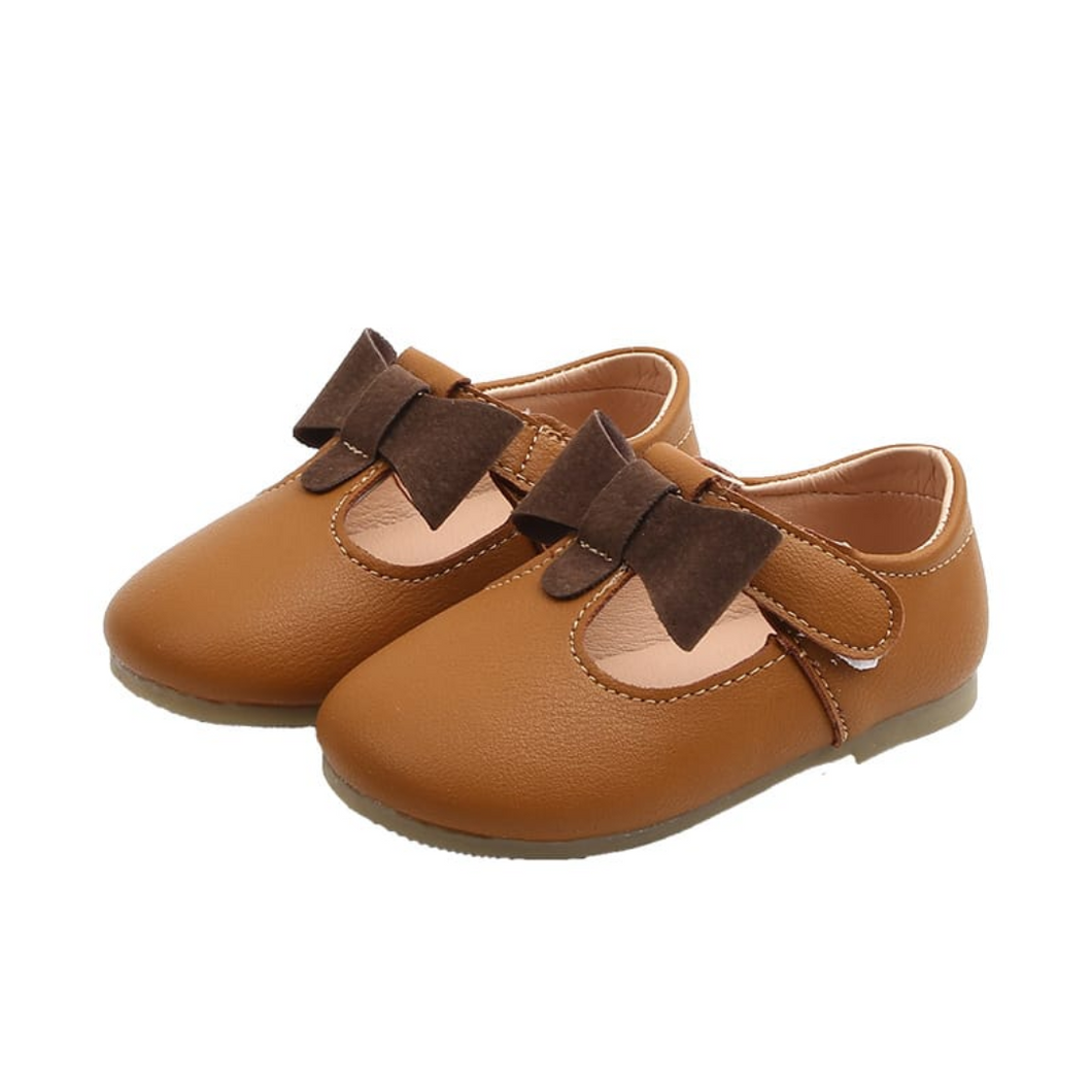T Strap Shoe with Bow - Brown
